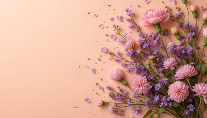 Pink & Purple Flowers on Peach Background. Floral Spring Design, Elegant Card Template, Beauty.