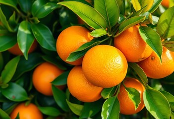 Sun-ripened oranges, vibrant hues, lush green leaves, oranges, ripe