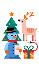 Festive christmas scene with snowman, tree, reindeer, and gift box in minimalist style