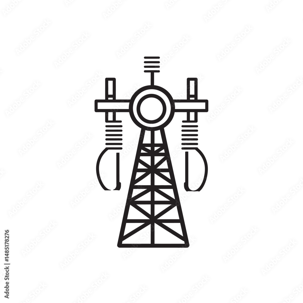 Poster high voltage tower symbol transmits power, represented with simplistic black lines on a transparent 