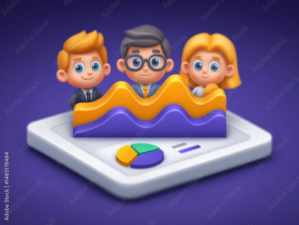 Poster engaging cartoon business team analyzing colorful data graphs showcasing increasing trends and discu