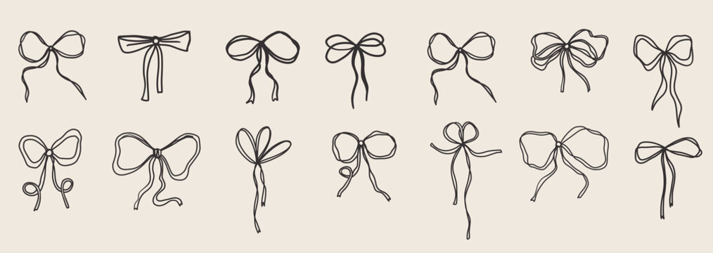 Hand drawn line bow simple vector string ribbon tie thread gift package box rope border isolated on white collection. Scribble doodle minimalist outline style