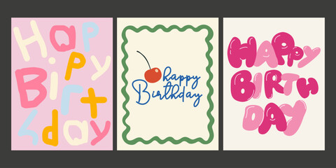 Birthday party typography template posters. Hand drawn greeting cards design in doodle retro style. Colorful hand lettering design for Birthday card. Vector illustration. Postcard collection