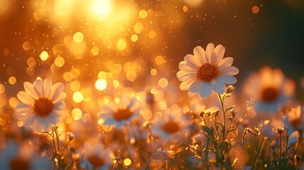 Blooming daisy flowers shining under golden sunlight high resolution photo