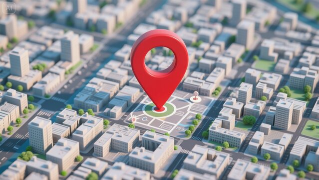 city map with gps,3D red location pin marking a specific location on the city map