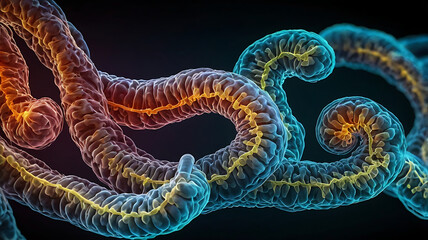 3D fluorescence microscopy revealing Helicobacter pylori’s distinctive spiral shape and urease production sites, important for its survival and infection in the stomach environment.