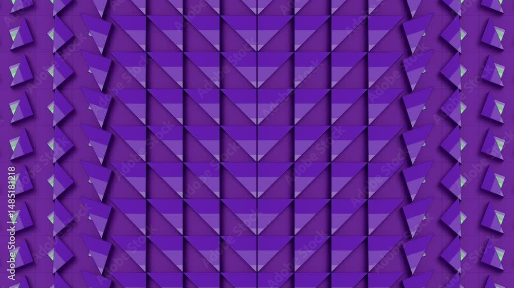 Poster Abstract symmetrical composition of many purple triangles arranged in a grid. Each triangle has smaller triangles with shades of greenish blue. Contemporary style. 3d rendering seamless loop animation