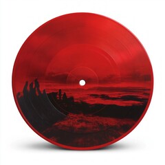 Red Vinyl Record with Sunset Landscape Silhouette