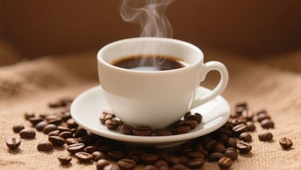 Obraz premium Steaming white coffee cup with spilled roasted beans, evoking warmth and rich aroma of freshly brewed coffee.