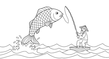 A leaping carp dramatically takes the bait as a fisherman patiently waits on his small boat amidst tranquil water waves in this delightful line art drawing.