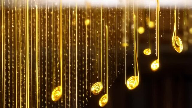 Elegant animation of sparkling gold music notes falling against a shimmering background