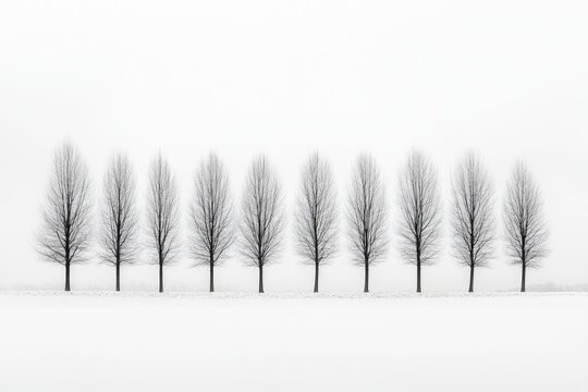 Row of Trees in Snowy Landscape Monochrome Minimalist Photography