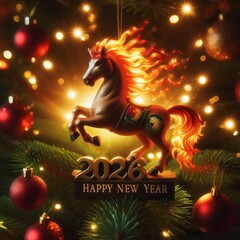 Christmas ornament with a horse, 2026 New Year. A beautiful authentic toy hangs on the Christmas tree. Christmas spirit.