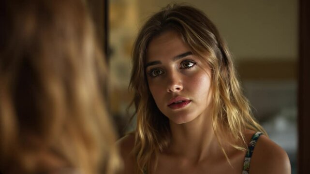 Teenage girl looking at herself in the mirror with doubt and insecurity