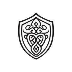 Intricate black line art reveals a shield with heart patterns on white