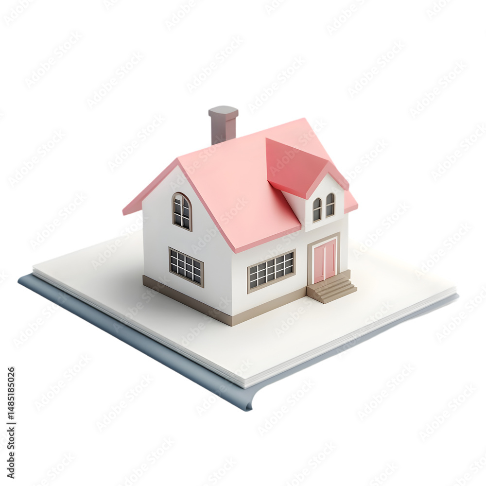 Aufkleber 3d rendering of a small, detailed house model positioned atop multiple pages of a document. the hous