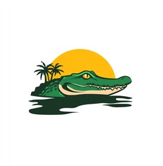 Fototapeta premium Crocodile basking in the Amazon sunset, palm trees silhouetted against a vibrant orange sun.