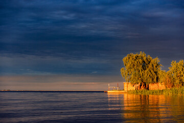 Sunset over the Water Peaceful and Calm Landscape Featuring a Tree and a Dark Cloudy Sky