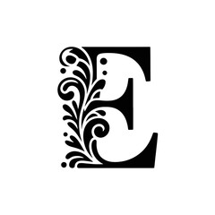 An ornate letter E is adorned with intricate floral patterns, giving it an elegant and sophisticated appearance.