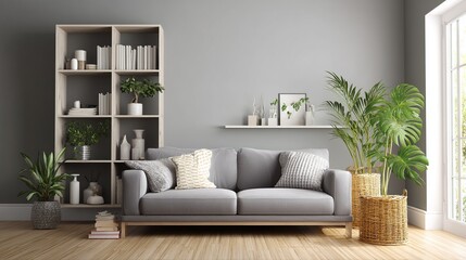 Interior of light living room with grey sofa, shelf unit and plants