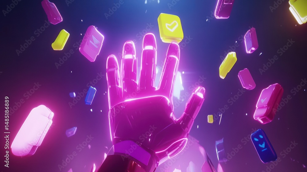Aufkleber futuristic hand interacting with digital objects in a vibrant virtual environment