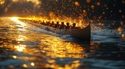 Crew team rowing together, reflected light shimmering on water at sunrise