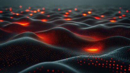 Glowing particle waves ripple across dark surface