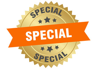 special. special round orange and gold label isolated on transparent background