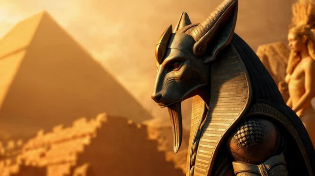 Ancient Egyptian Anubis statue with jackal head, adorned in gold and blue ceremonial headdress. Mystical and regal figure symbolizing the afterlife and ancient mythology.