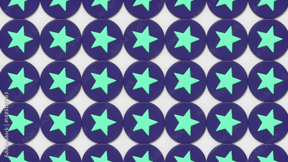Poster Seamless animation in a pop art style with a rhythmic repetition of bright green stars and purple circles. The elements are arranged symmetrically on a light background. 3d rendering 4K