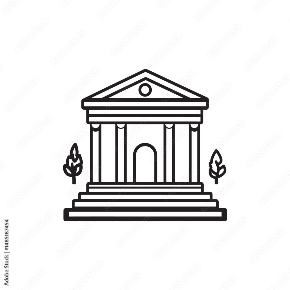 Poster isolated bank building with four pillars resting upon steps and flanked by trees