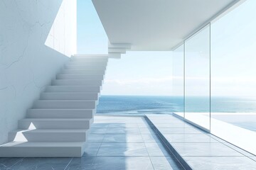 Obraz premium Modern Minimalist Interior with Ocean View Staircase Varient 3