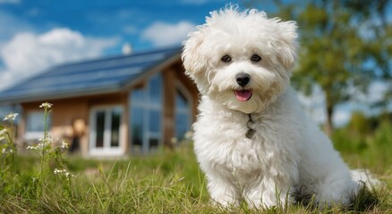 Cute Fluffy Dog Sitting on Green Grass in Front of a Modern House With Solar Panels Under a Clear Sky