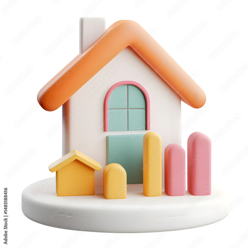 Poster whimsical, digitally rendered house icon, composed of geometric shapes in pastel colors, set on a ci