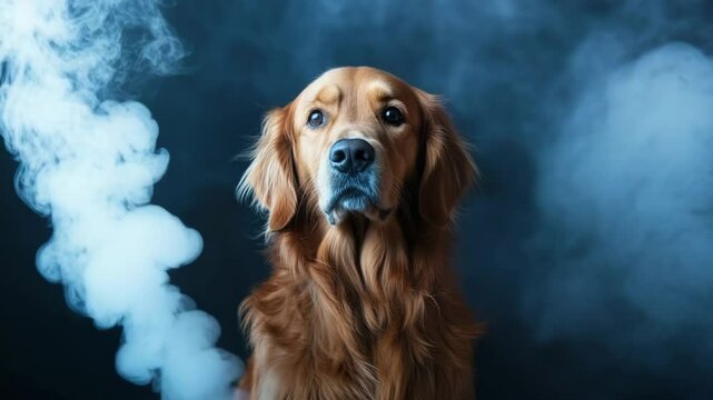 Golden retriever entre humo denso en fondo oscuro &ndash; video art&iacute;stico en 4K


