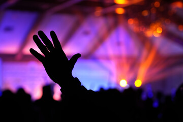Close To Silhouette Human Hand Raising Worshipper Time Music Concert Stage Light