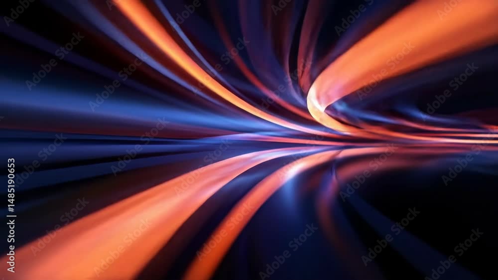 Poster dynamic abstract digital design with flowing orange and blue light effects against a dark background