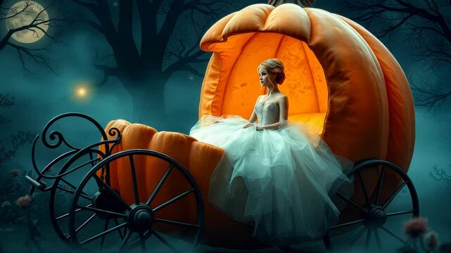 Cinderella fantasy scene with woman in white dress sitting in magical pumpkin carriage in enchanted forest at night with full moon and mystical atmosphere.