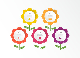Creative infographic template with 5 steps, options, parts or processes. Flowers concept.