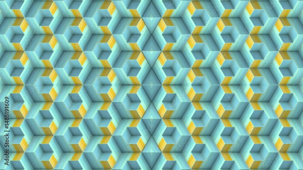 Fototapete Procedurally generated loop animation of a geometric symmetric pattern in which layered cubic shapes are in constant transformation. Vibrant blues and yellows create a ripple effect. 3d rendering 4K