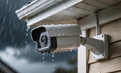Weatherproof Security Camera Under Heavy Rainfall Mounted on Beige Exterior Wall Demonstrating Water Resistance