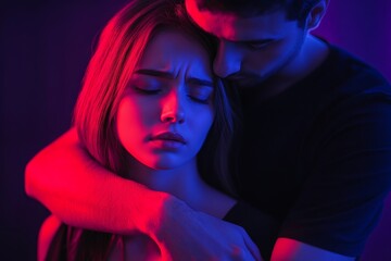 Man embracing a woman with a concerned expression under red and blue neon lighting in a dark setting