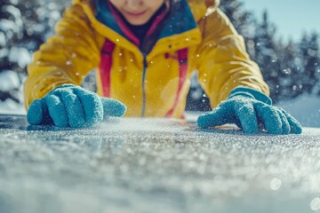 Child in yellow jacket scraping ice off a surface with blue gloves on a bright winter day outside