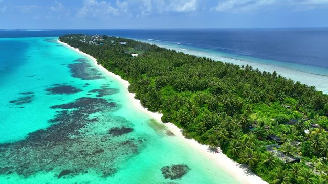 The aerial view in the island with white sand beach as coastline in summer Maldives	