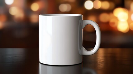 Obraz premium Elegant white mug sits on dark wood table with bokeh lights behind it