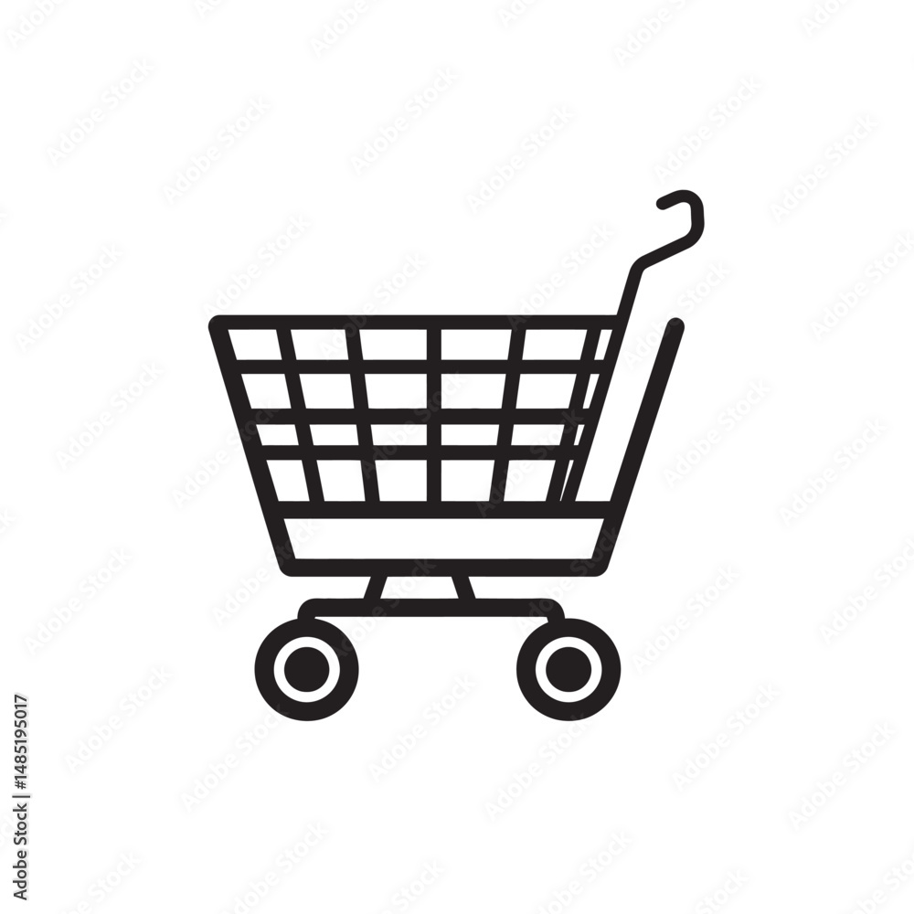 Poster isolated black outline shows an empty shopping cart with a transparent background