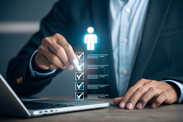 HR tech in action as recruiter uses computer to analyze and approve job applicant profiles, highlighting digital recruitment process, performance checklist, and automated employment verification