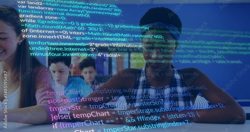 Poster students using tablets and smartphones in classroom showing transparent code overlay for education