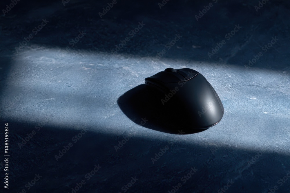 Poster a sleek black computer mouse positioned on a textured dark surface illuminated by soft natural light