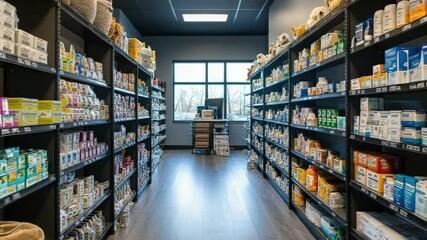 Shelves stocked with a variety of pet medications, healthcare products, and supplies in a well-organized veterinary pharmacy, providing care solutions for animals